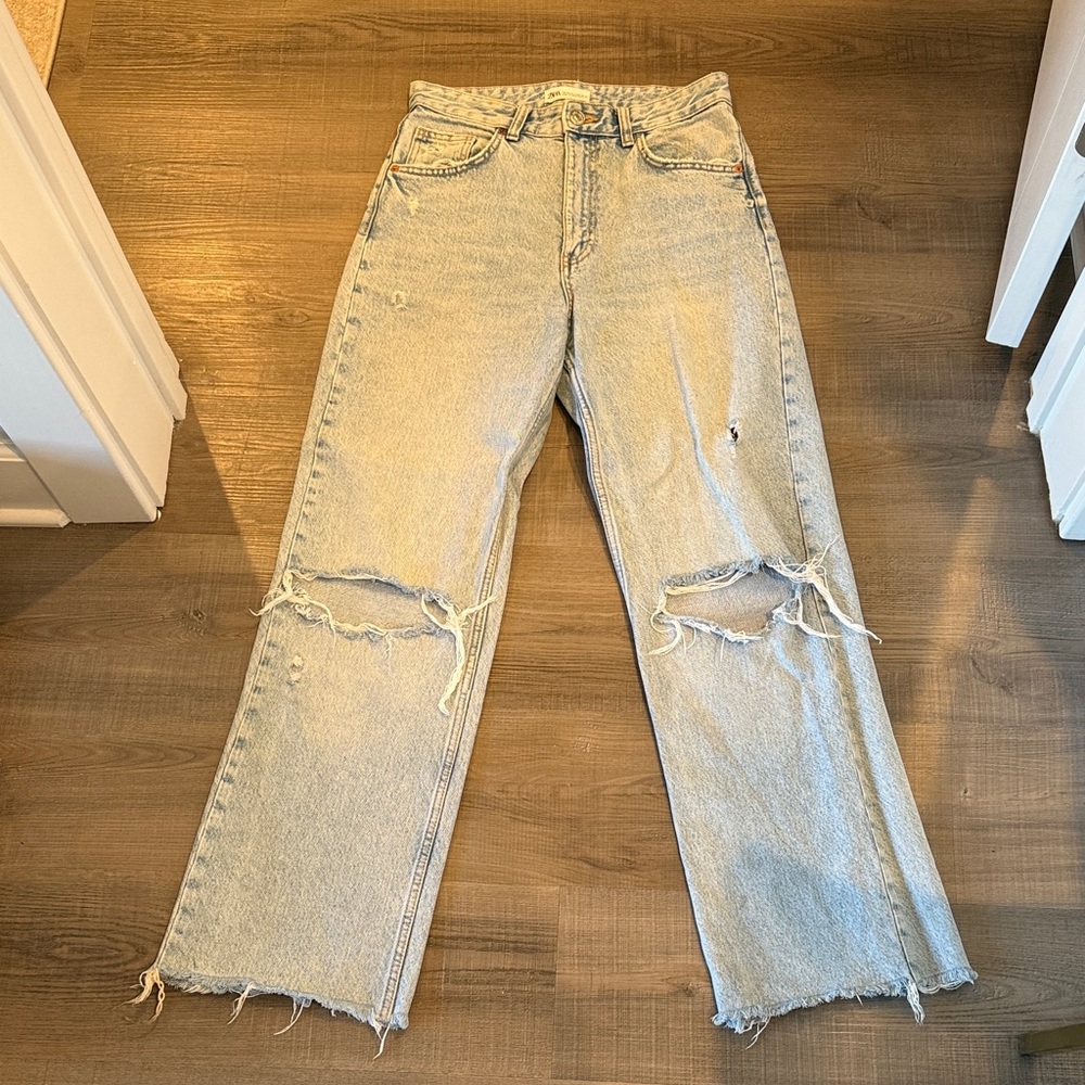 Zara Light Blue Distressed Boyfriend Jeans